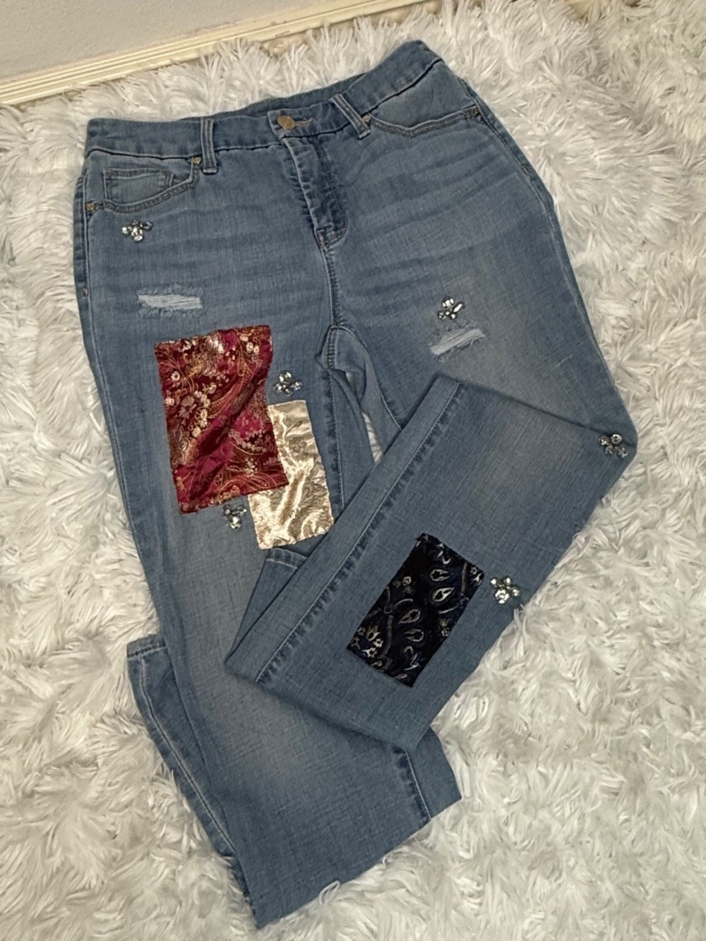 Chico's Patchwork and Jeweled Girlfriend Jeans